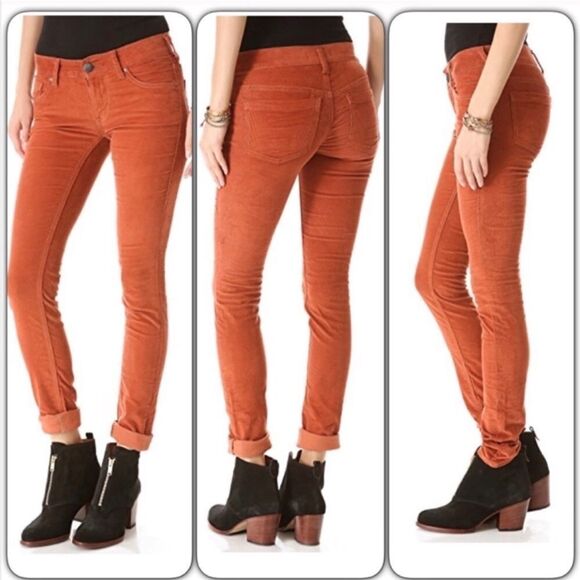 Free People Raw Hem Skinny Corduroy Pants In Fired Chestnut - Picture 2 of 2